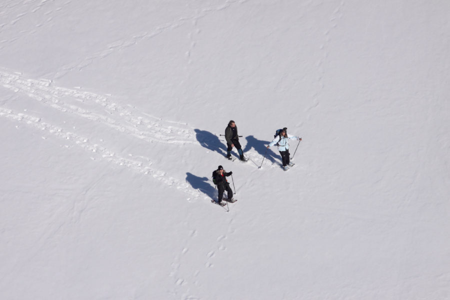 Aerial of snowshoers