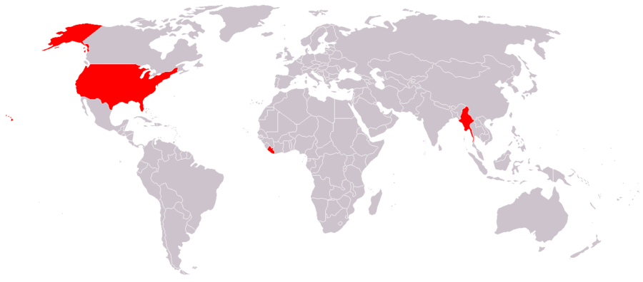 Carte du monde soulignant les pays qui utilisent le système de mesurage impérial