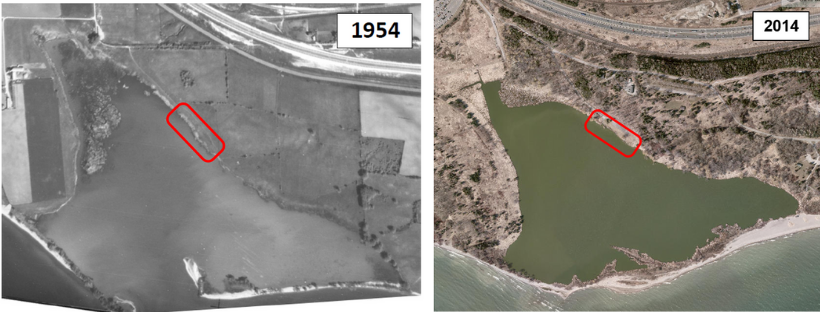 Aerial of before and after of McLaughlin Bay