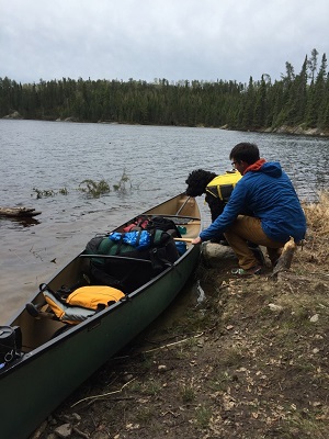 dog getting into canoe