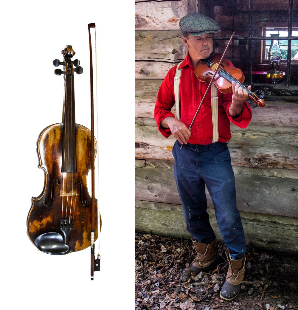 A side-by-side image of a fiddle and a person wearing a red shirt, jeans and suspenders playing a fiddle outside of a log cabin.