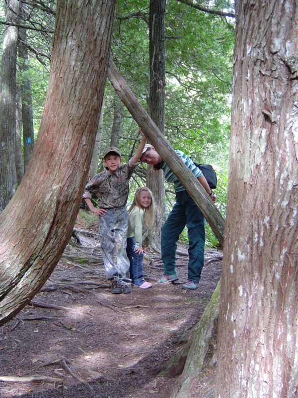 Kelly, Joey, and their mom, standing among the tress hiking in Lake Superior Provincial Park.