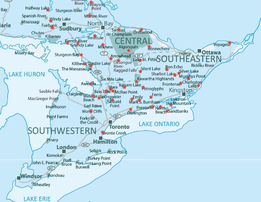 Map showing locations of Ontario Parks with stars on the once visited by Alexander Renaud
