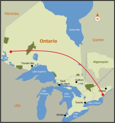Map of Ontario with two dots showing the locations of both provincial parks.