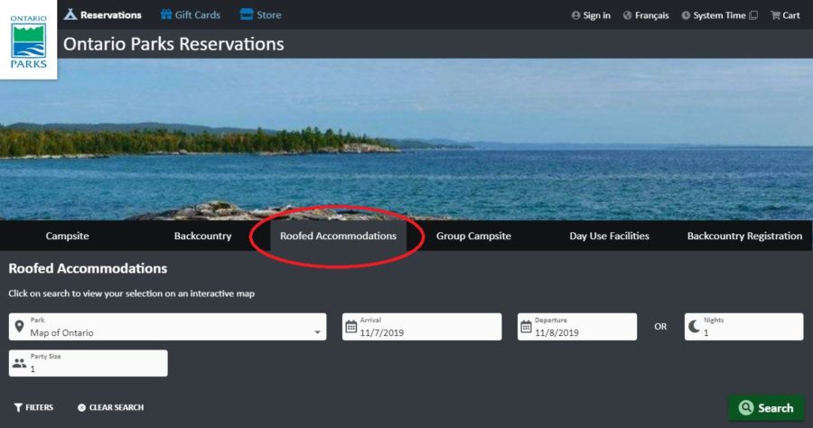 Screenshot of Ontario Parks webpage.