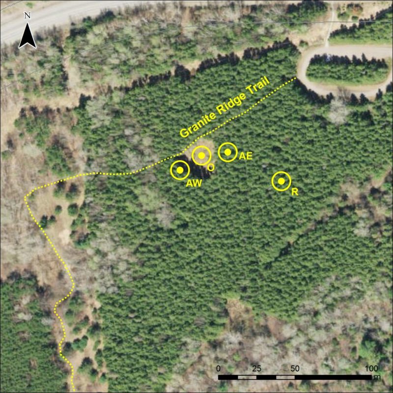Vue aérienne de la forêt de Killarney montrant les emplacements des parcelles de référence.