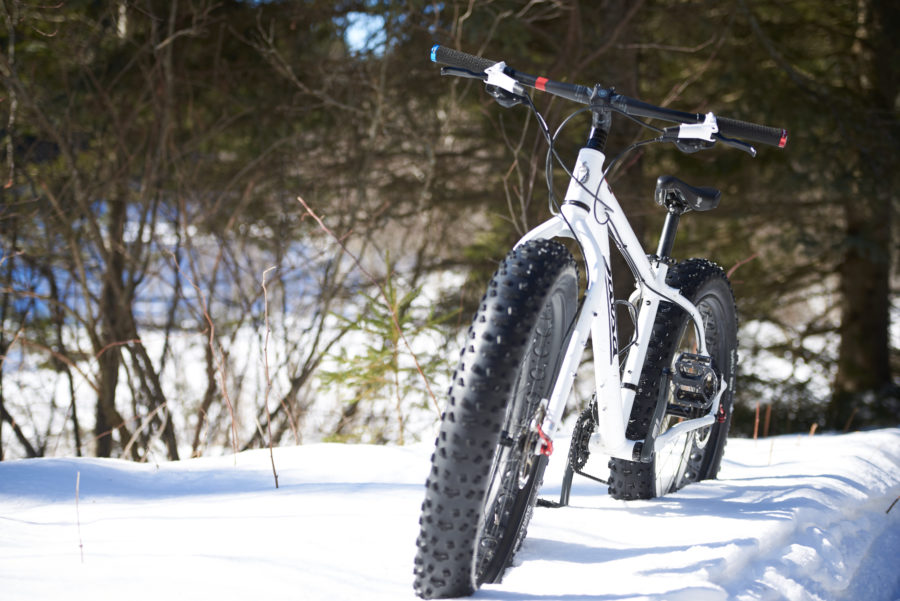 A fatbike in the winter snow