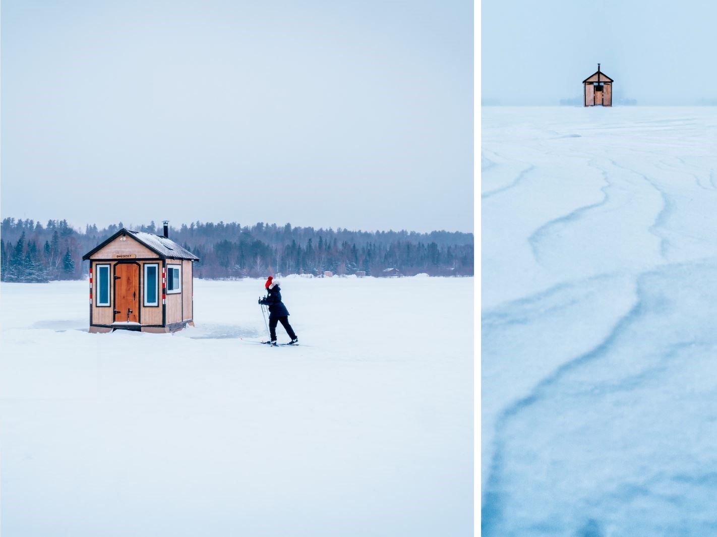 Public fishing huts on frozen Windy Lake