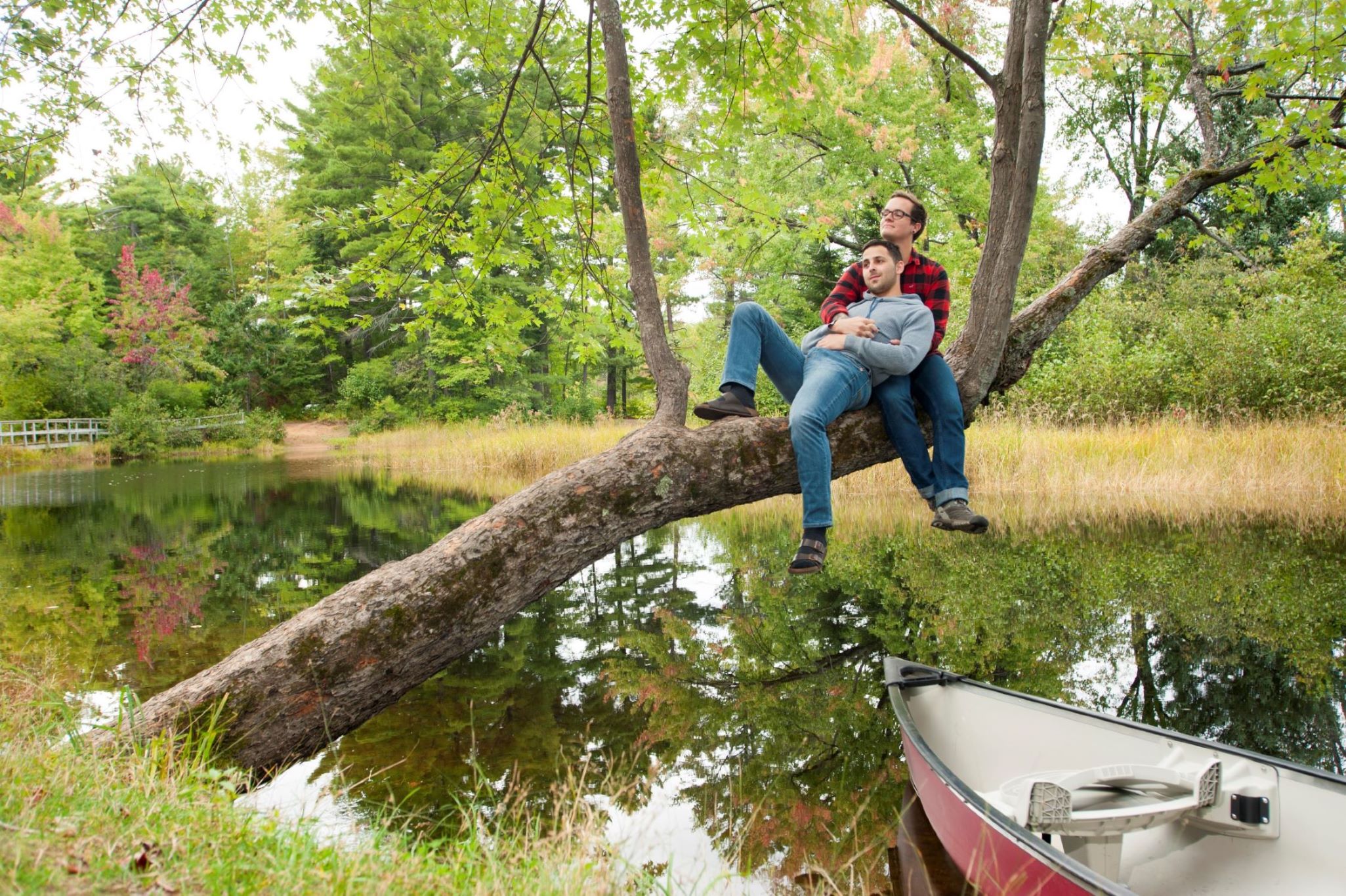 Couple relaxing in a tree by the Bonnechere River