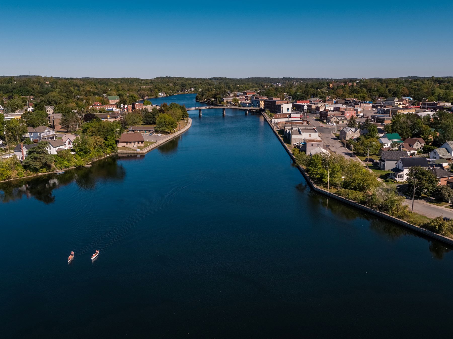 Drone shot of Campbellford's downtown and waterfront