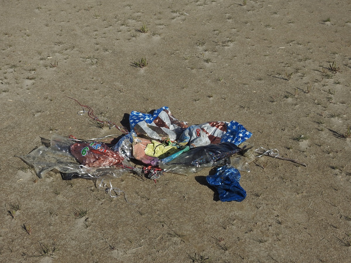 balloons and garbage in a heap on a beach