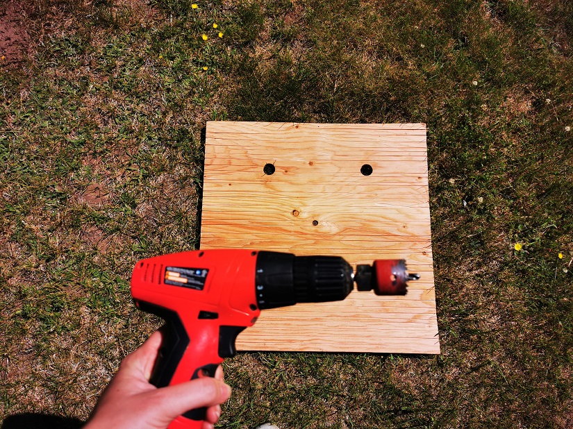 Drill with piece of wood for bat box