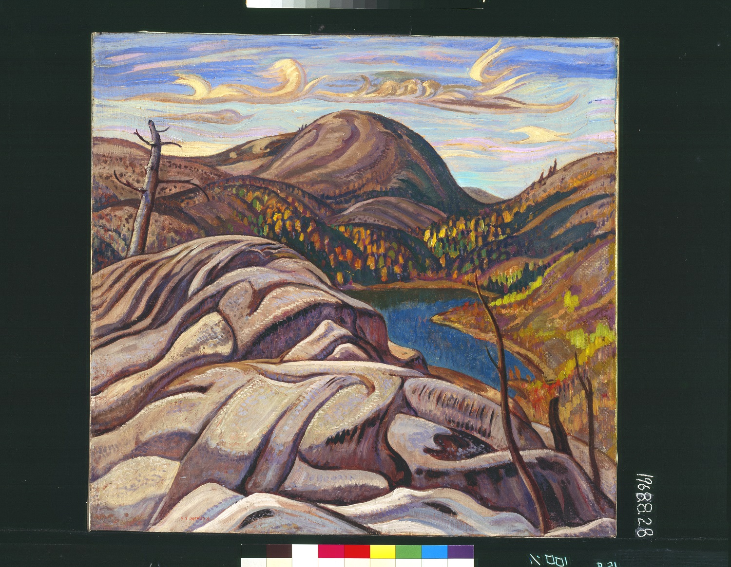 painting of mountains, lakes and forest