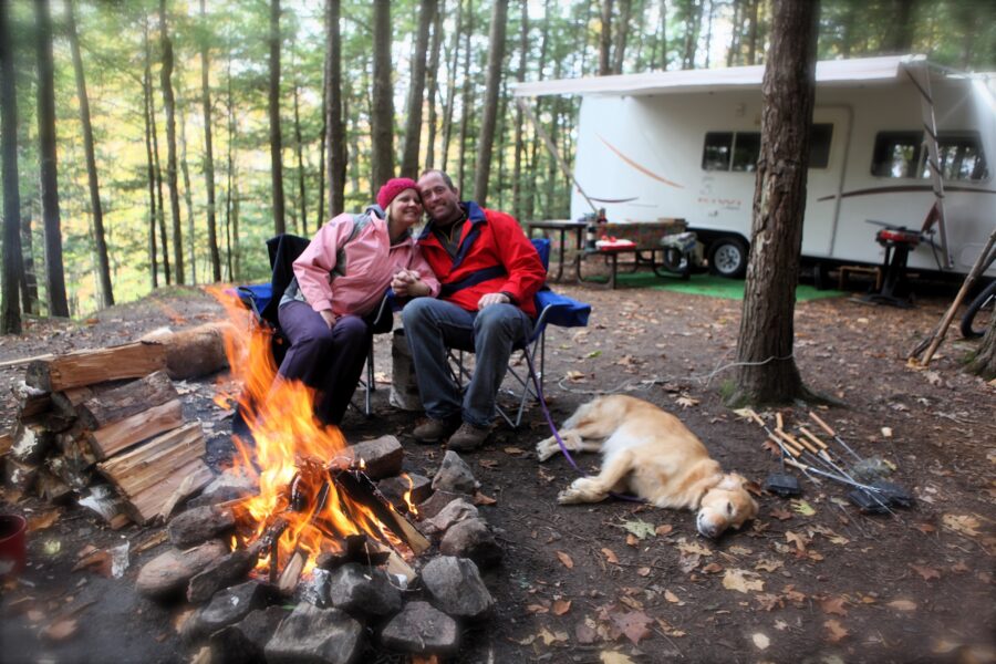 campeurs et leur chien près d’un feu de camp, un VR en arrière-plan
