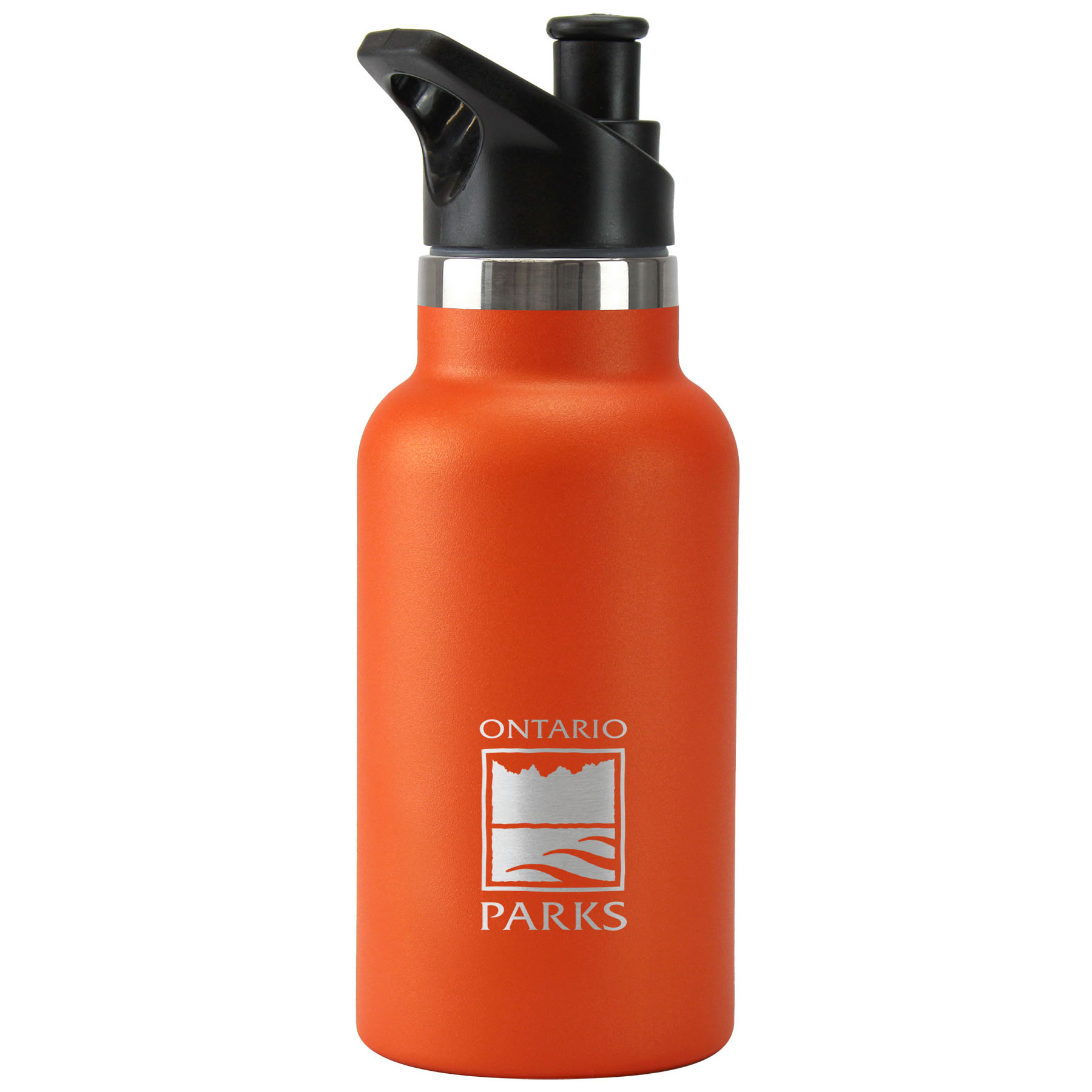 Une bouteille réutilisable robuste avec un bouchon noir et un corps orange, ornée du logo de Parcs Ontario