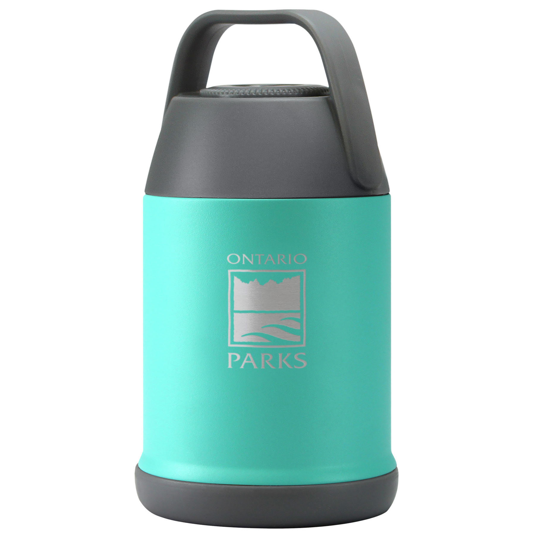 A teal coloured food thermos with a black lid and base.