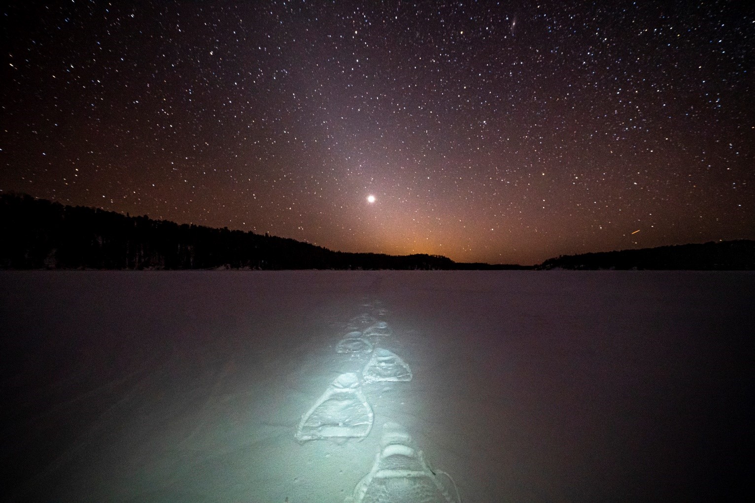 Snowshoe prints under a starry night sky.