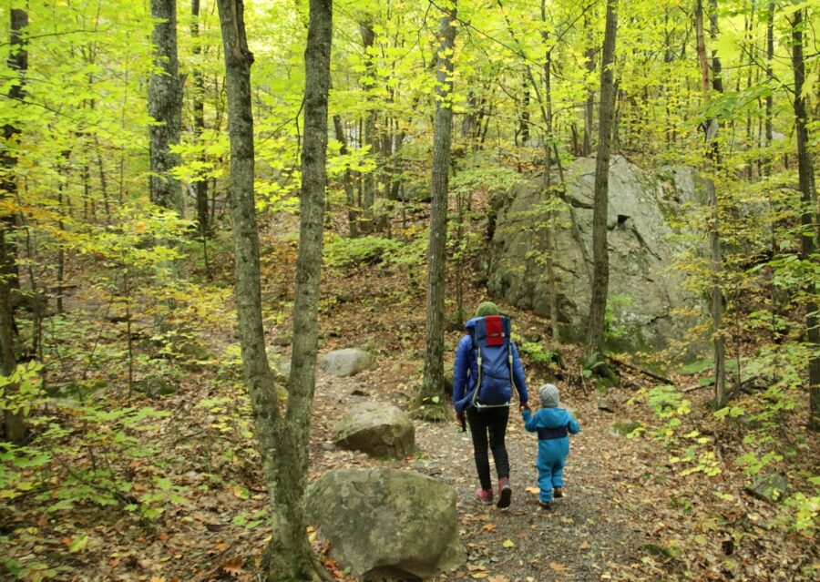 Mother and child hiking during fall colours at Bon Echo