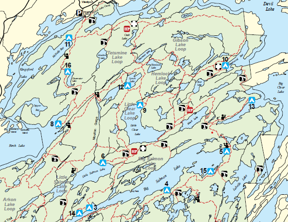 An illustrated map of Frontenac Provincial Park showing the Northern half of the map