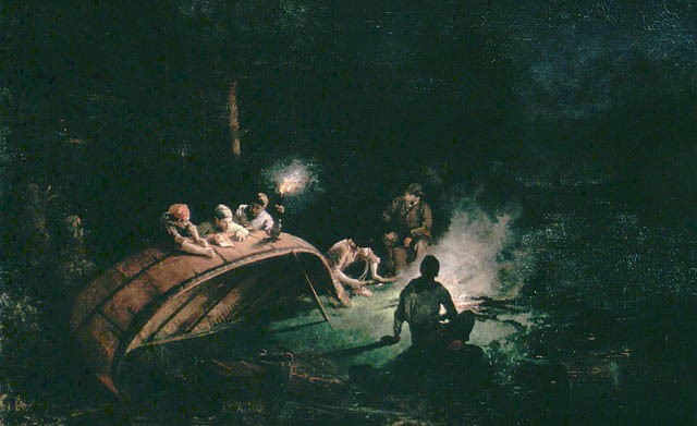 painting of voyageurs on campsite
