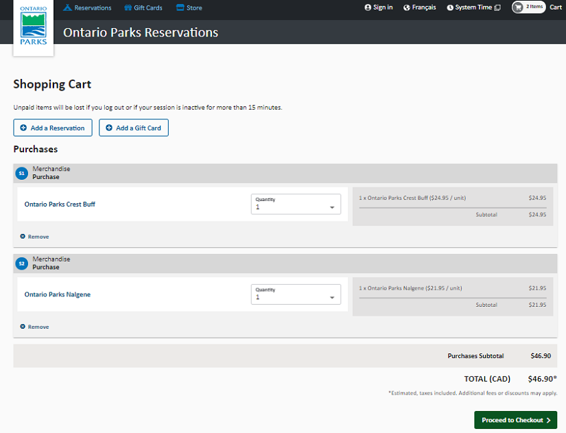 Screencap of cart on Ontario Parks store.