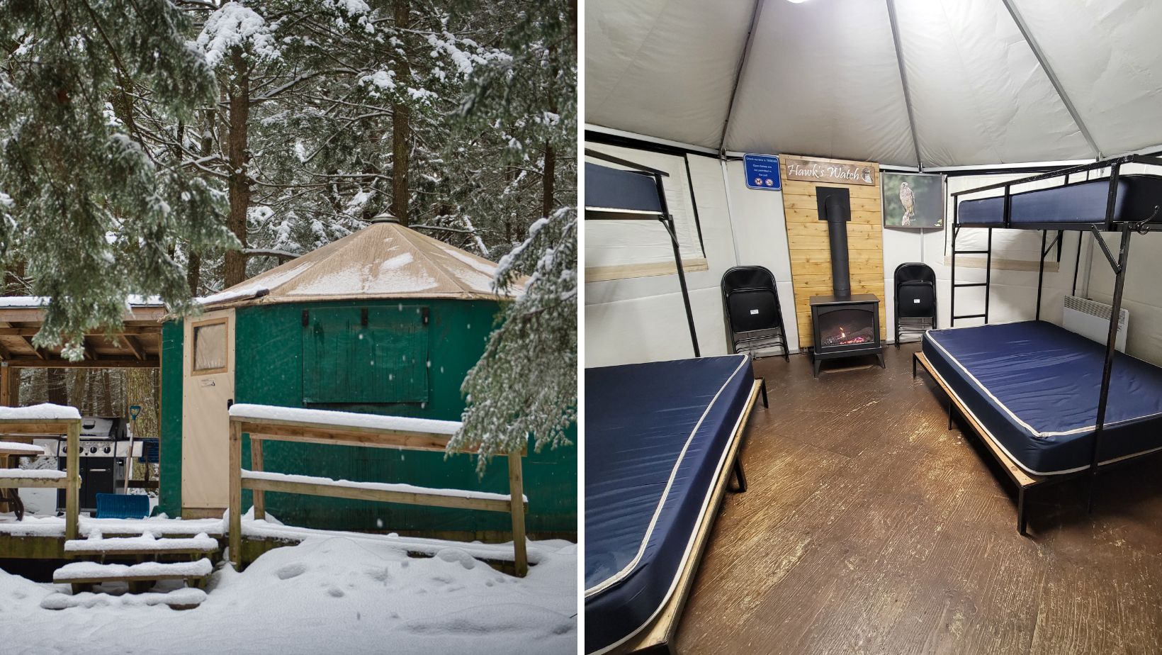 collage of exterior of yurt surrounded by snow, interior of yurt with bunk beds and stove