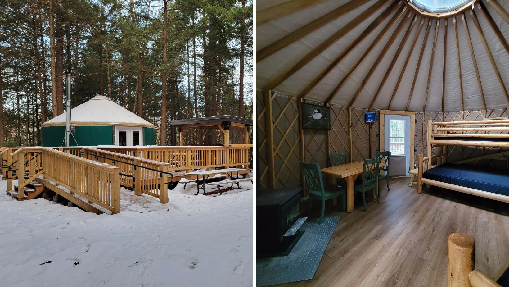 collage of exterior of yurt surrounded by snow, interior of yurt with stove, bunk beds, framed image of a chickadee on wall
