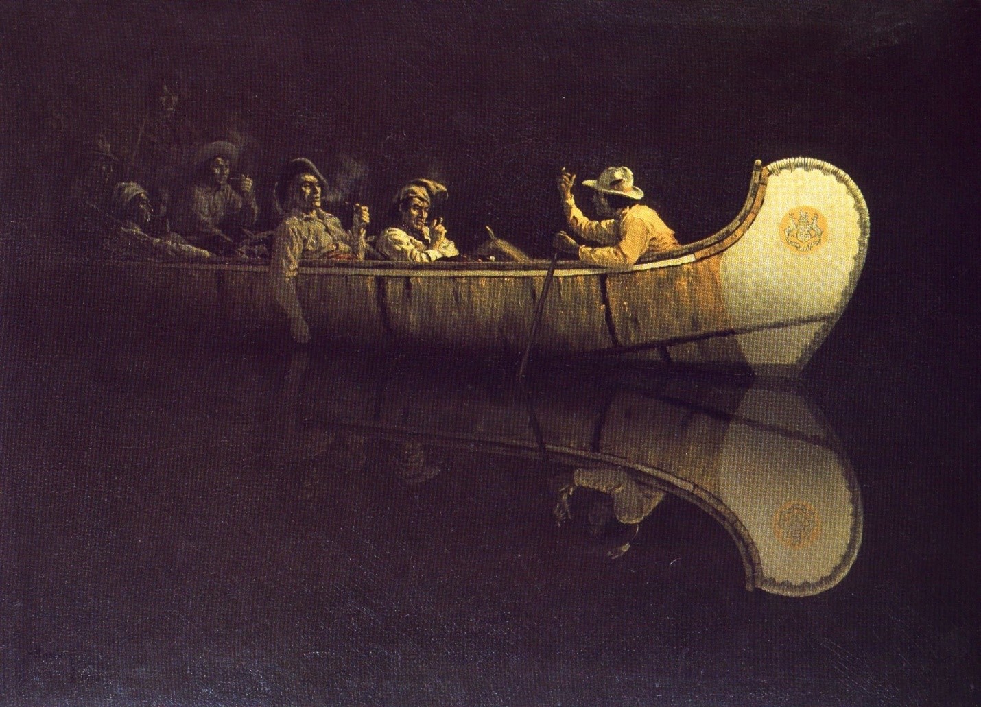 painting of voyageurs in canoe 