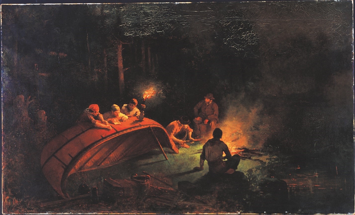 Peinture de voyageurs à un campement.