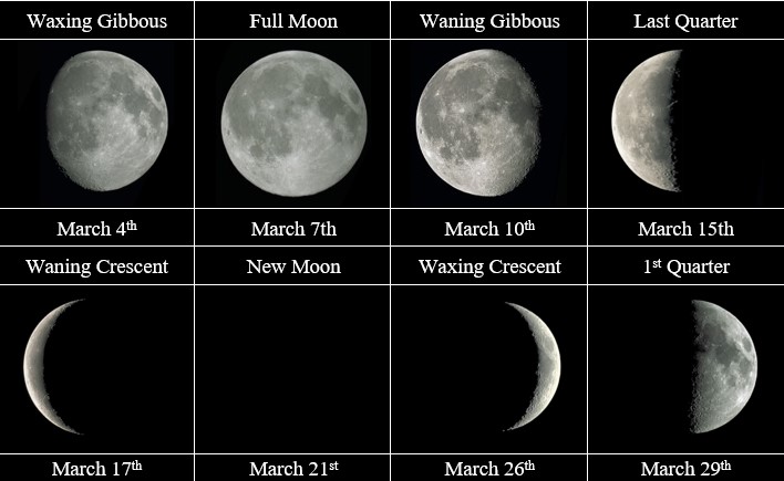 A chart showing the moon's phases in March 2023, starting with a Waxing Gibbous moon on March 4 and ending with a 1st Quarter moon on March 29