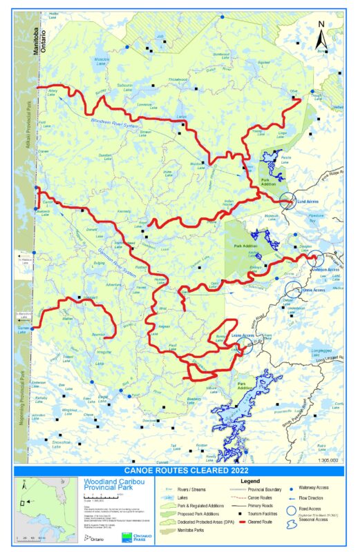 An illustrated map of the Woodland Caribou park with red lines highlighting the portage routes that have been maintained in 2022. Click to expand.