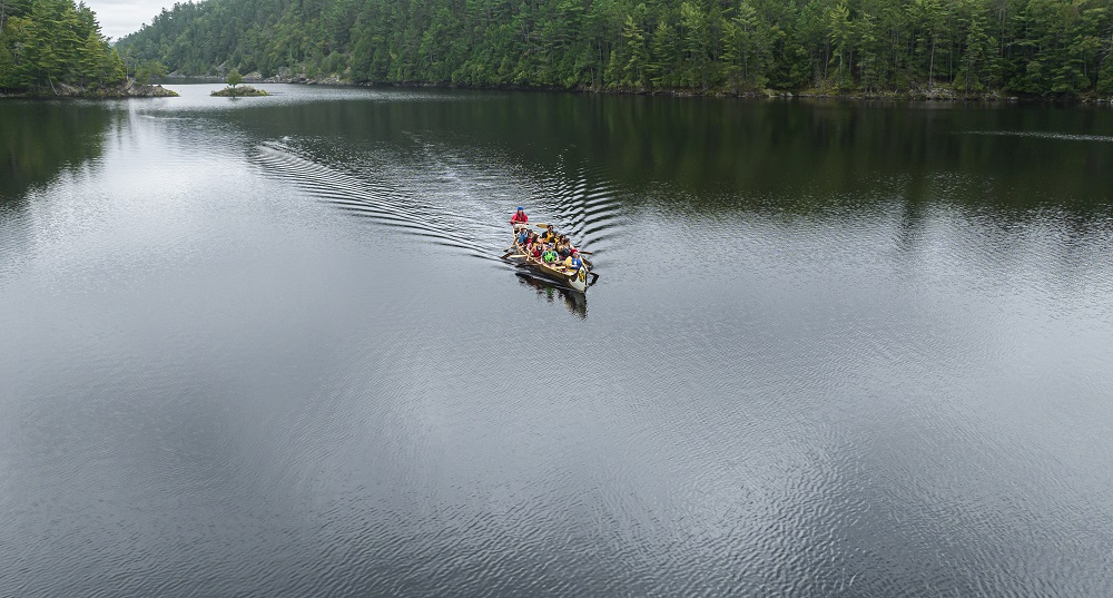 aerial view of canoe on river