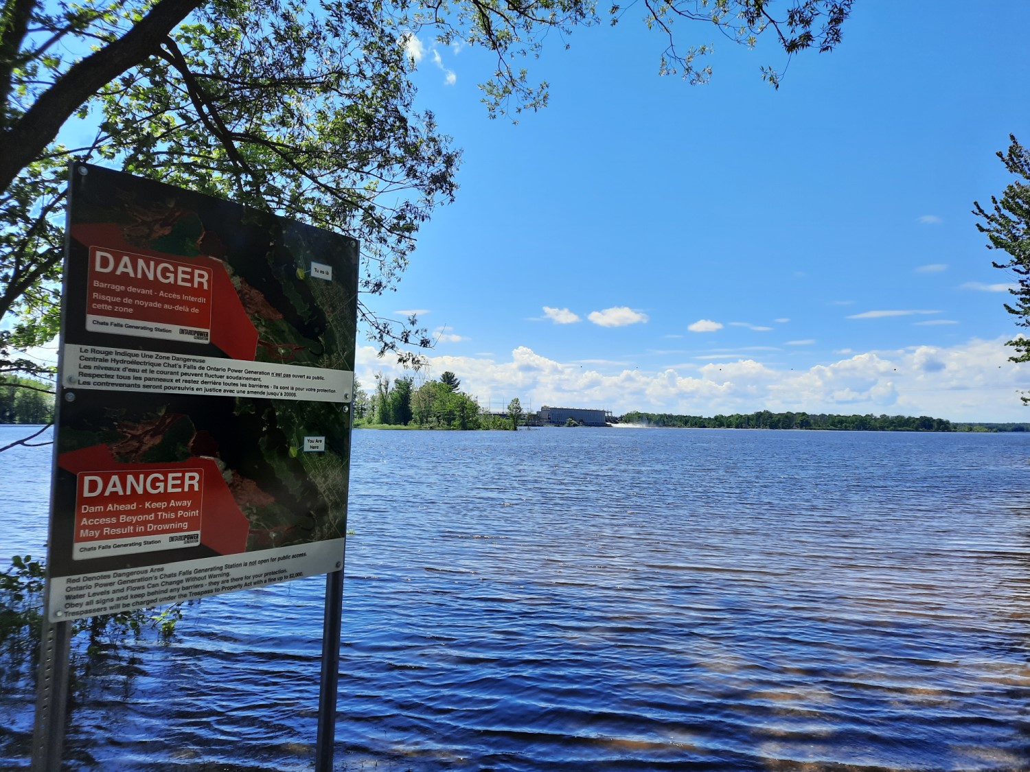 Warning signs posted on the edge of a lake