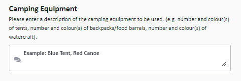 A screenshot of the Ontario Parks Backcountry Reservation system, which asks the person booking to describe the type of camping equipment that they are bringing with them.