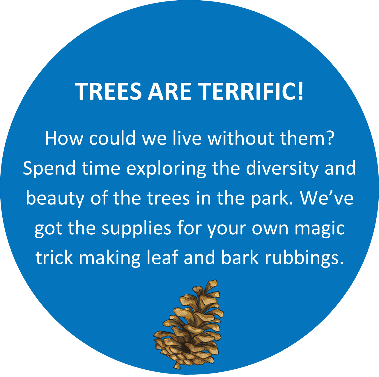 Text: TREES ARE TERRIFIC! How could we live without them? Spend time exploring the diversity and beauty of the trees in the park. We’ve got the supplies for your own magic trick making leaf and bark rubbings.