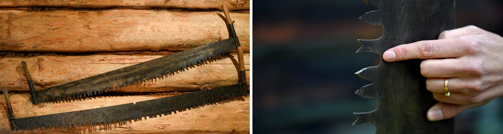 collage of hanging saw, close-up of saw