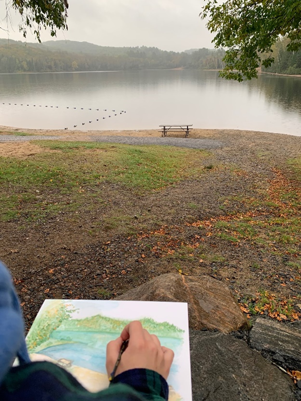 Une personne peignant la vue d’un lac