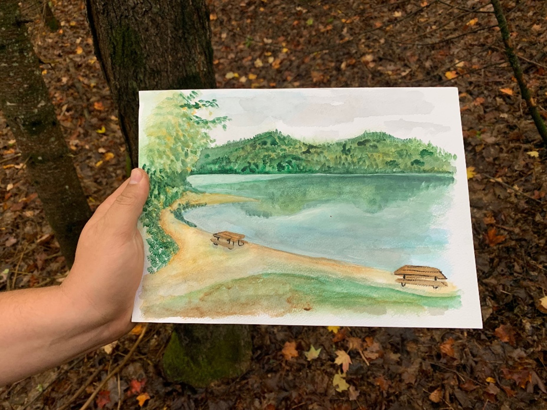 watercolour painting of lake