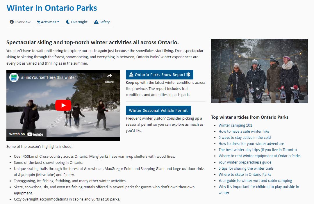 webpage featuring information on winter visitation