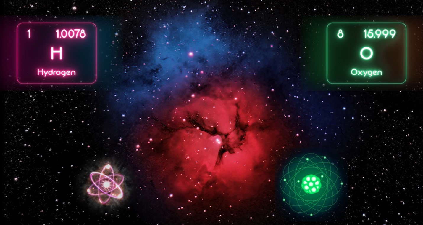 element sign for hydrogen and oxygen with nebulae in background