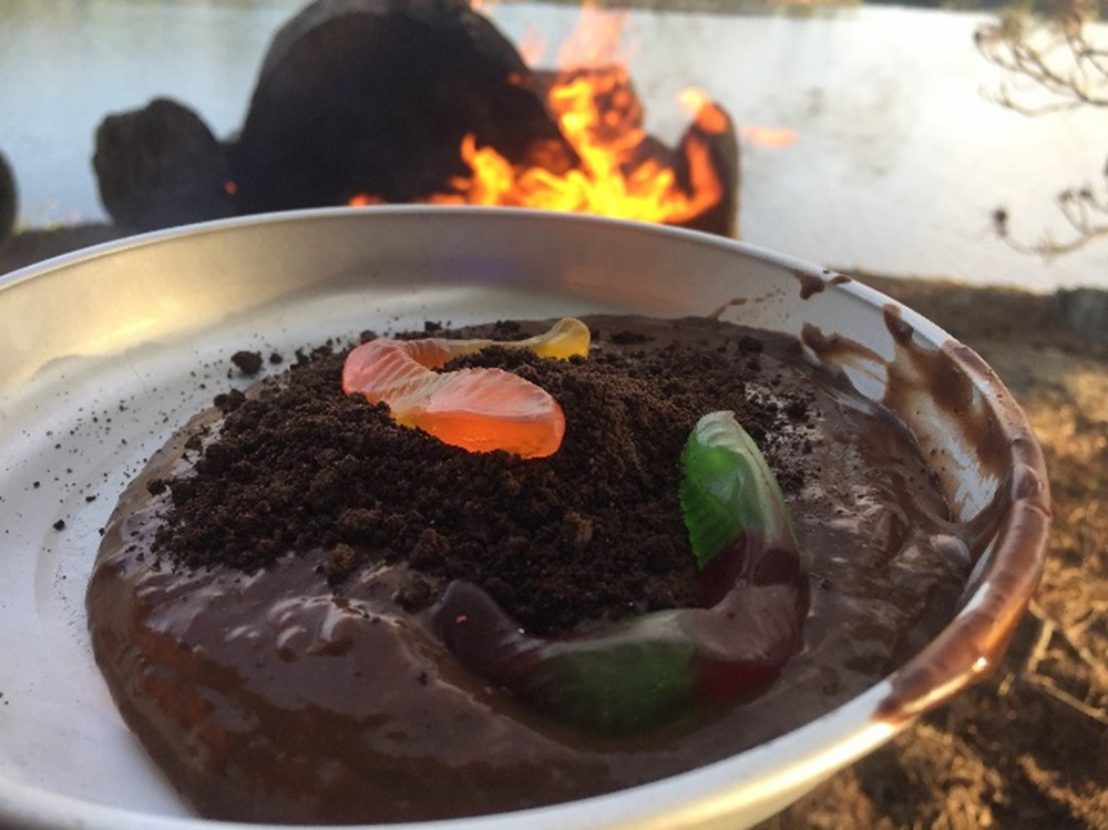 gummy worms in chocolate pudding