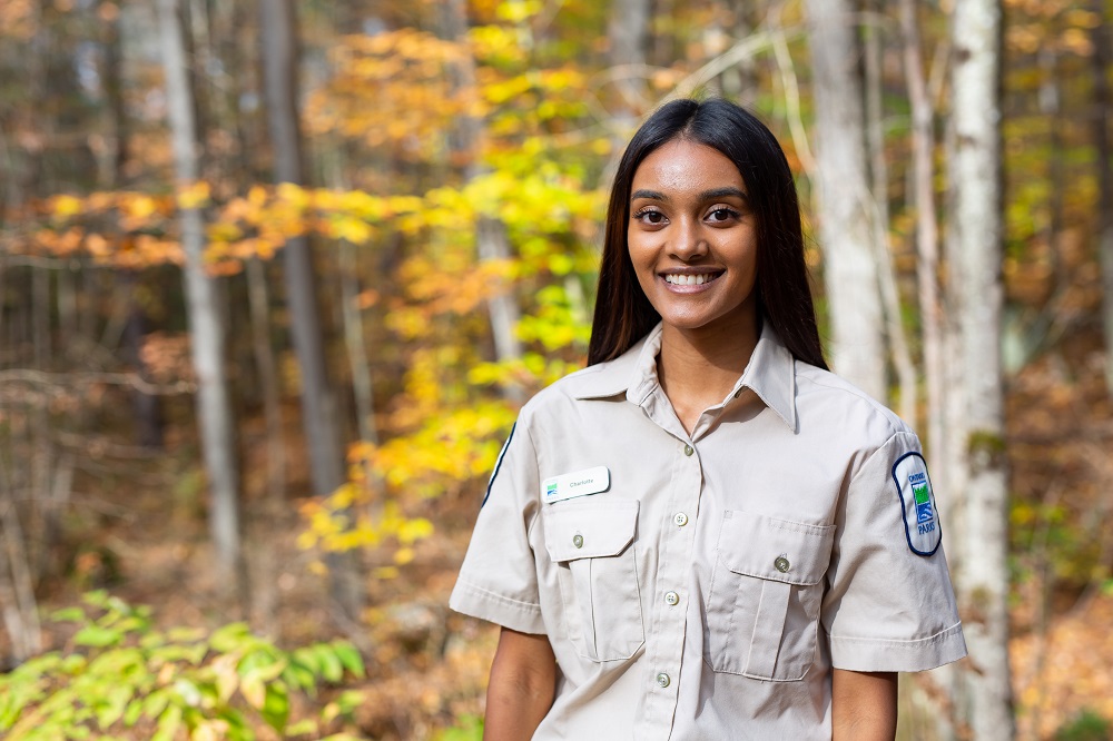 staff standing in forest with fall colours