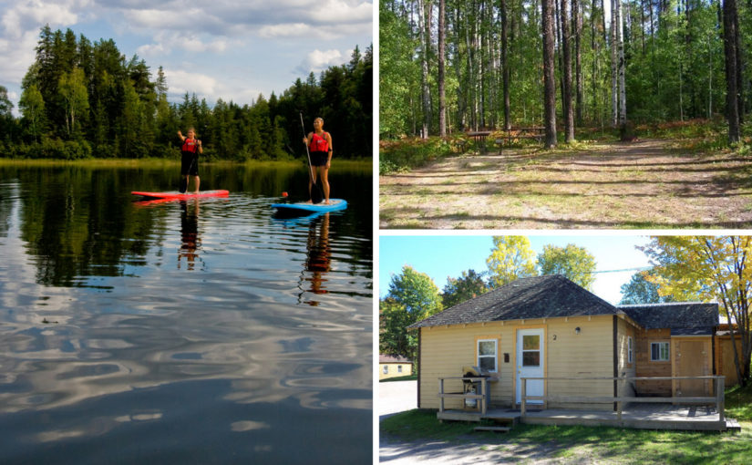 Montage de trois photos représentant un emplacement de camping boisé, une cabine rustique et deux personnes faisant de la planche à rame sur un lac miroitant.