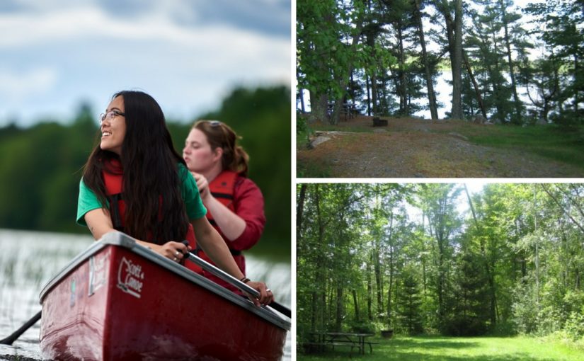 Trois images – deux emplacements de camping et une plus grande photo de deux filles pagayant dans un canot rouge