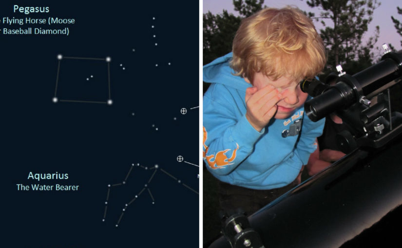 Illustration d’une constellation et d’un enfant regardant à travers un télescope