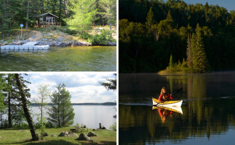 Montage de trois photos; cabane, emplacement de camping au bord de l’eau et pagayeur sur le lac.