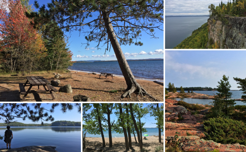 Collage de vues du parc (bord de l’eau, feuillage d’automne, rivage rocheux)