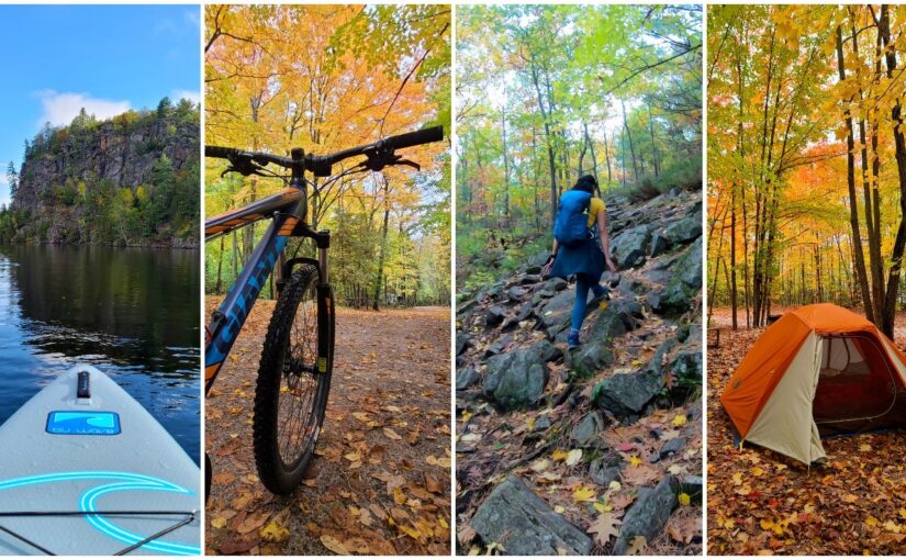 Collage d’une planche à pagaie, d’un vélo, d’un randonneur pédestre et d’une tente à l’automne.