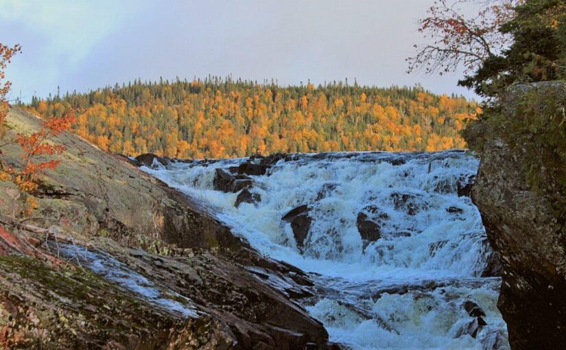 Une chute d'eau basse et tumultueuse avec une colline boisée aux couleurs d'automne derrière elle.