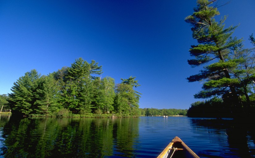 canoe on blue lake with trees